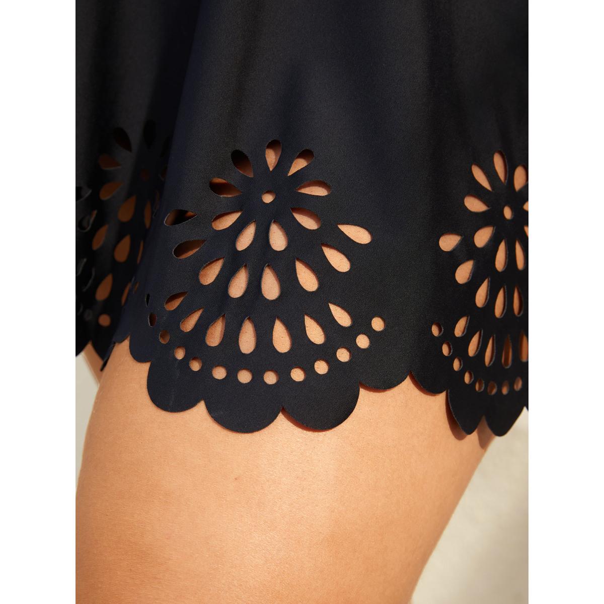 Plus Size Twist Front Laser Cut Swim Dress Women's Swimwear Deeppurplered Beach Bodycon Square Neck High stretch Curve Swim Dresses BloomChic 22-24/3X Product Image