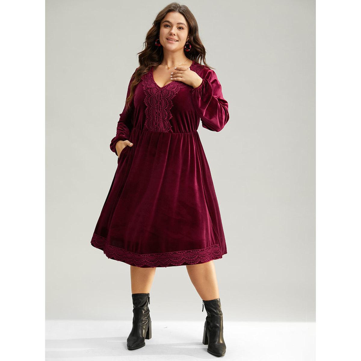 Plus Size Velvet Lace Panel Elastic Cuffs Dress Burgundy Women Elegant Elastic cuffs V-neck Long Sleeve Curvy Midi Dress BloomChic 12/L Product Image