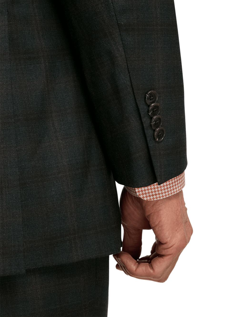 Wool Stretch Plaid Single Breasted Peak Lapel Suit Jacket - Dark Olive Product Image