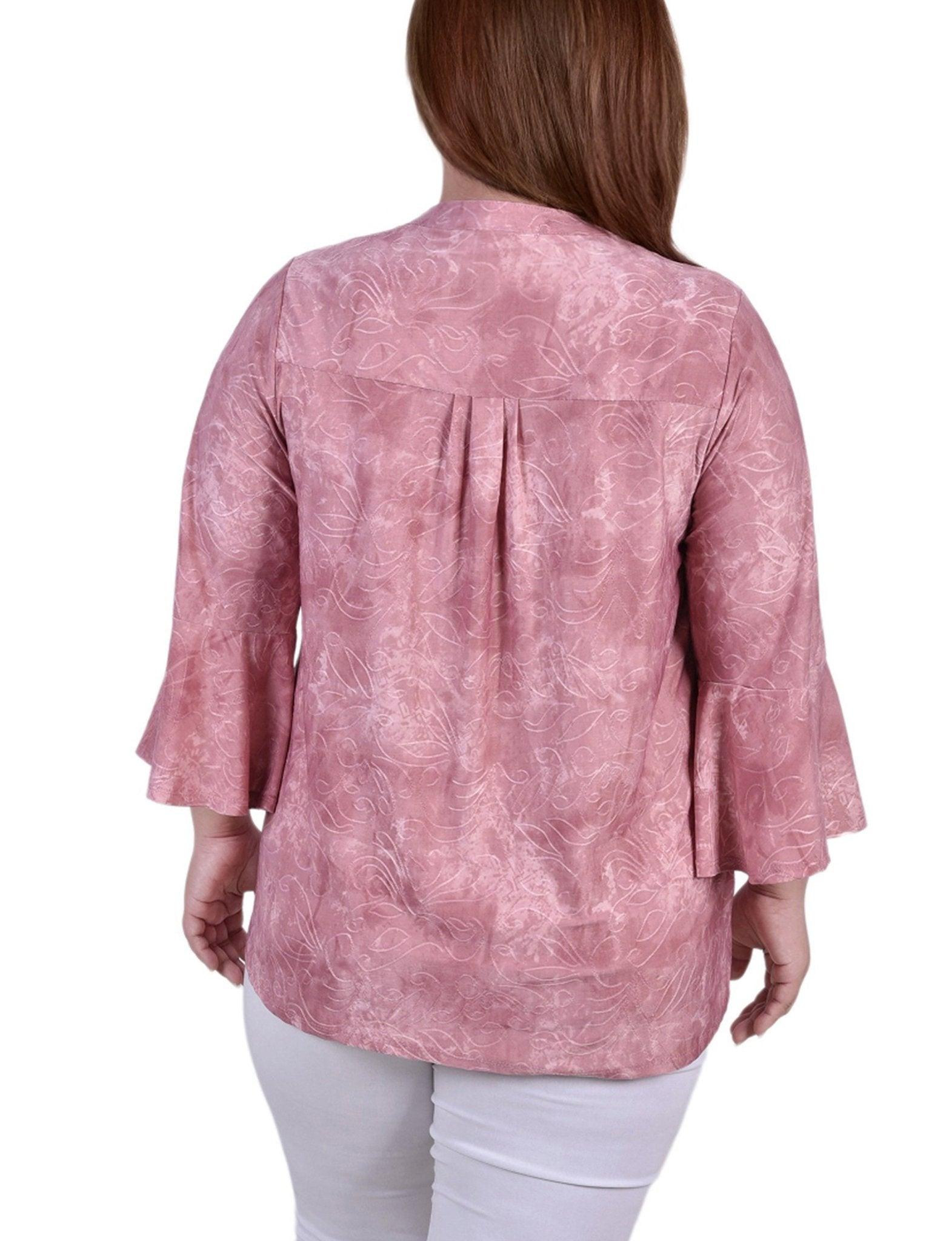 Mauve Tie Dye 3/4 Bell Sleeve Pleat Front Y Neck Top - Plus Product Image