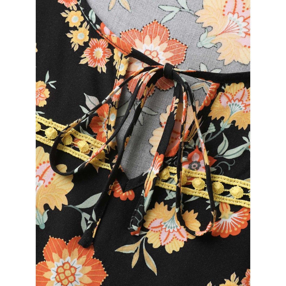 Plus Size Boho Print Waist Stretchy Midi Dress BlackFlower Women Boho Notched collar Half Sleeve Curvy BloomChic 28/5X Product Image