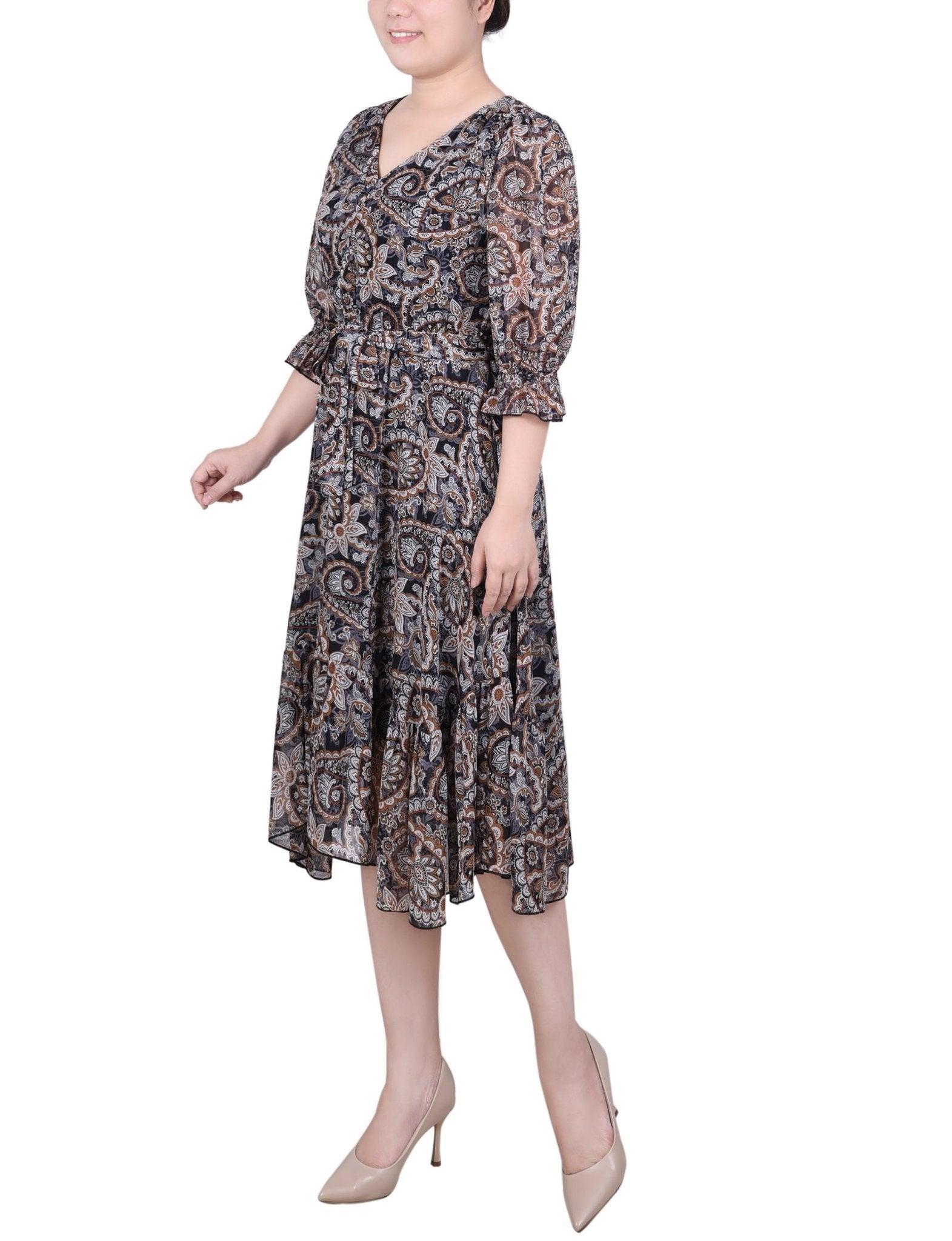 Marsala 3/4 Sleeve V-Neck Flounced Dress Product Image