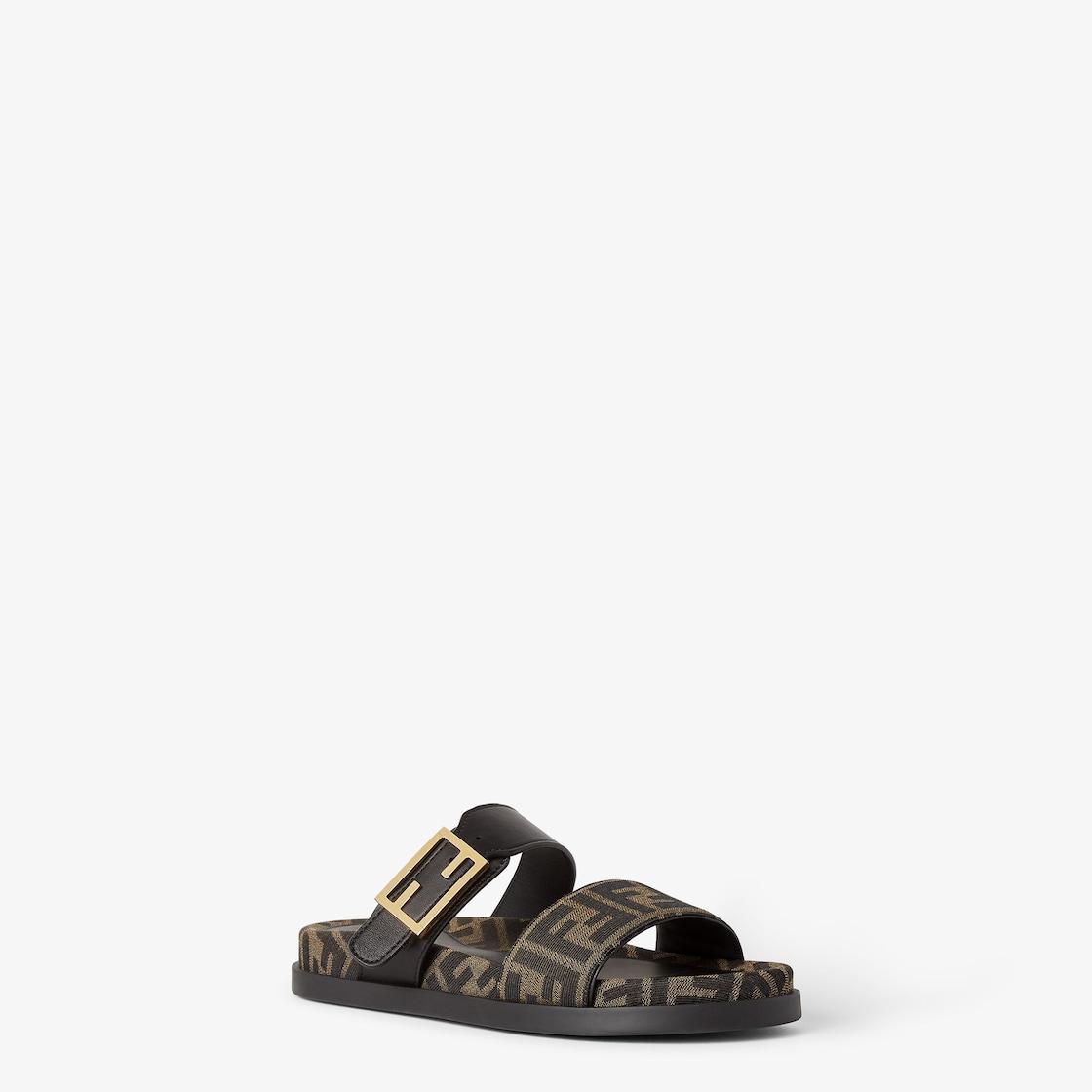 Fendi FeelBlack leather and brown FF fabric slides Product Image