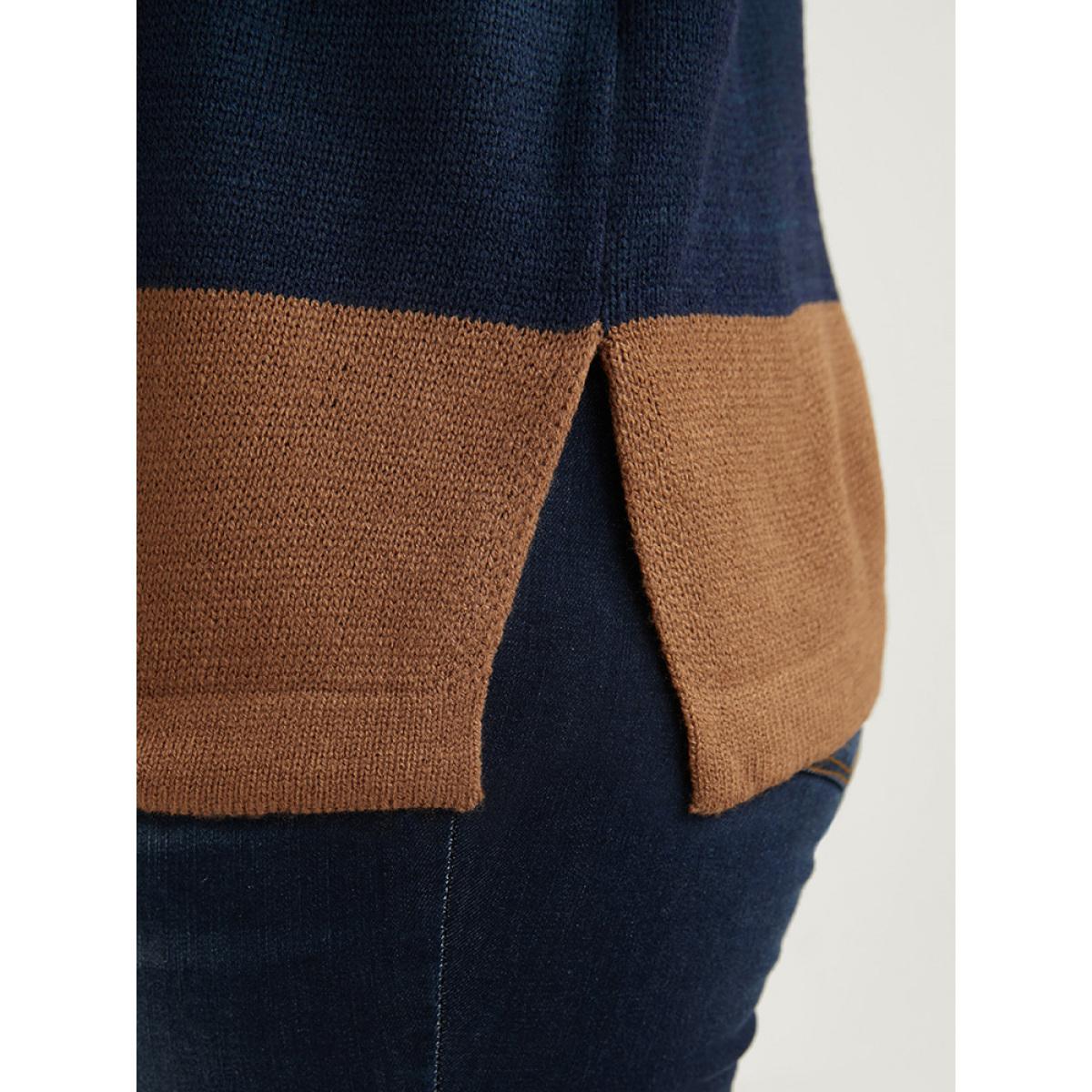 Plus Size Colorblock Contrast Pointelle Knit Eyelet Split Hem Knit Top Midnight Women Casual Loose Long Sleeve Round Neck Dailywear Pullovers BloomChic 18-20/2X Product Image