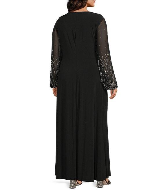 Marina Plus Size Mesh Beaded Puff Long Sleeve Gown Product Image