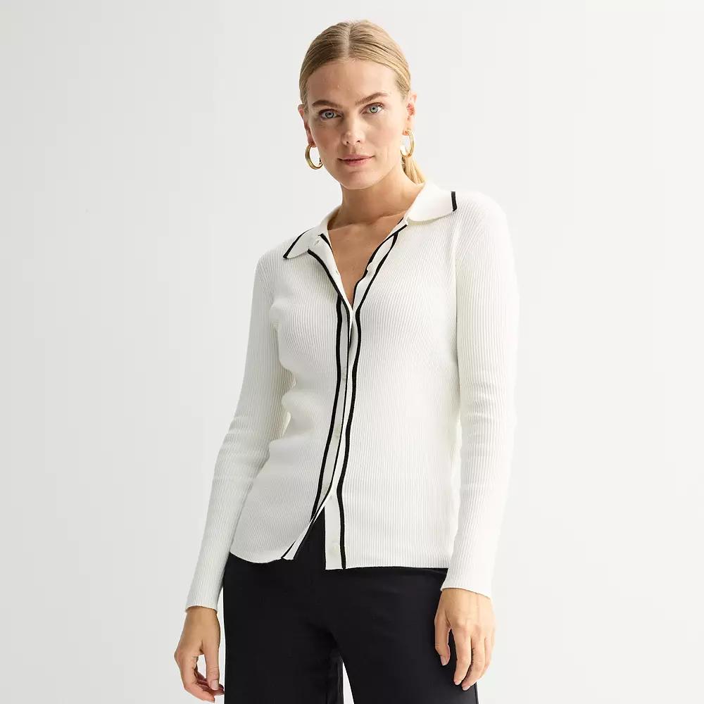 Women's Nine West Contrast Tipping Cardigan, Size: Small, Daisy Dew Product Image