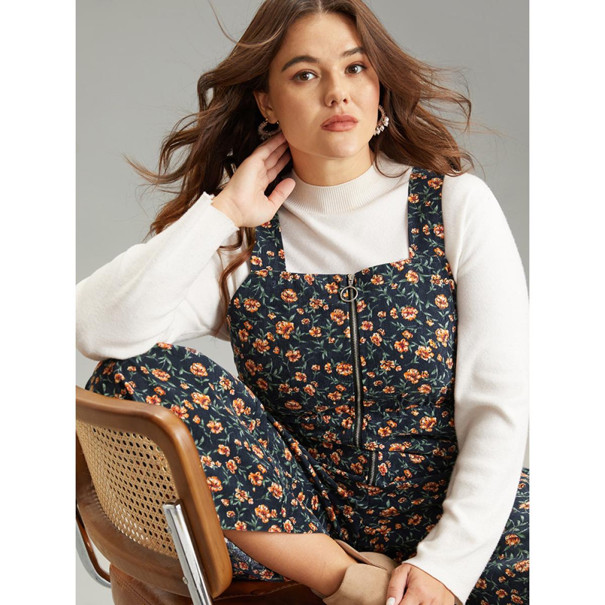 Plus Size Indigo Ditsy Floral O Ring Zipper Corduroy Jumpsuit Women Casual Sleeveless Spaghetti Strap Everyday Loose Jumpsuits BloomChic 22-24/3X Product Image