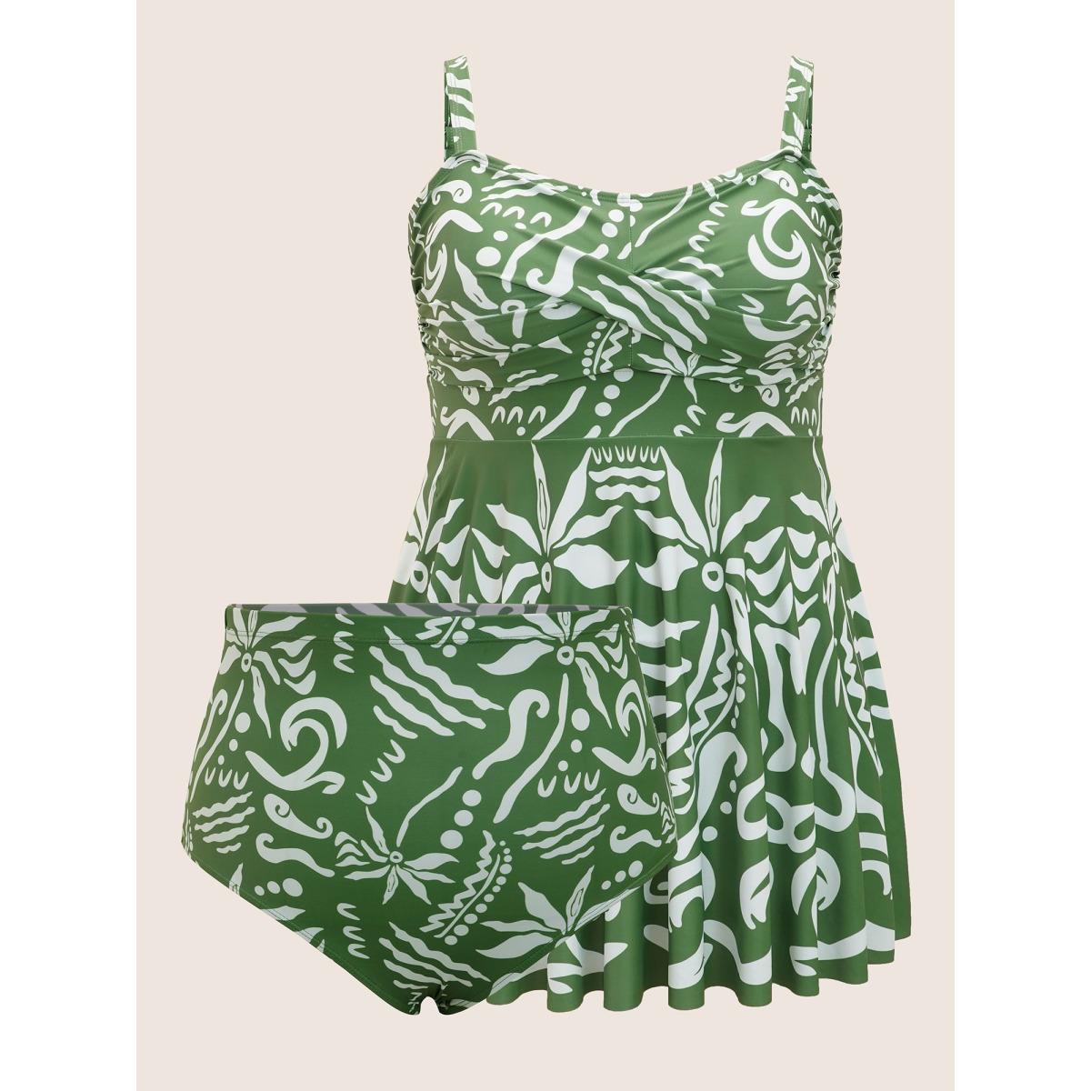 Plus Size Boho Print Crossover High Rise Swim Dress Women's Swimwear Moss Beach Bodycon Round Neck High stretch Curve Swim Dresses BloomChic 22-24/3X Product Image