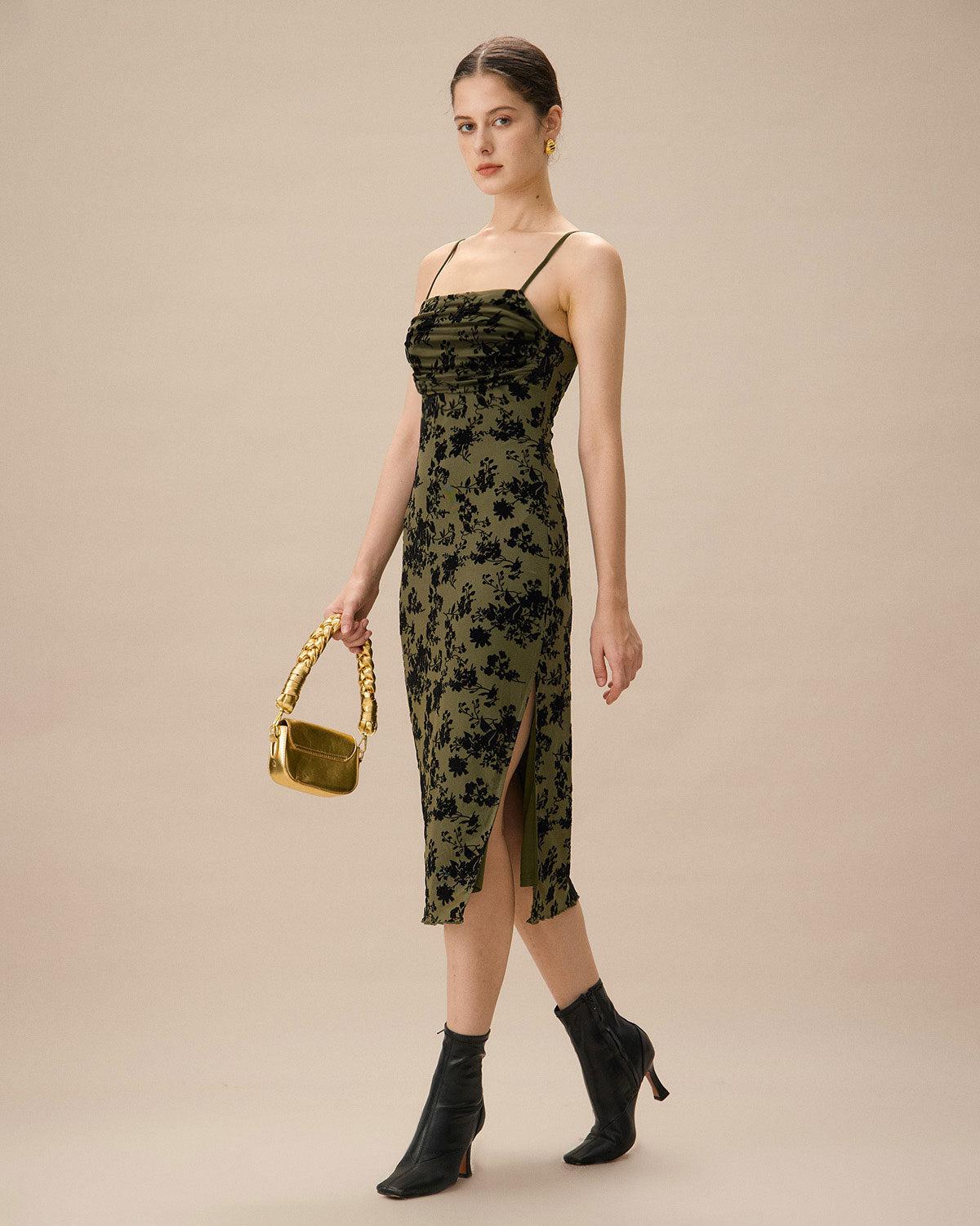 Green Jacquard Ruched Slit Midi Dress Product Image