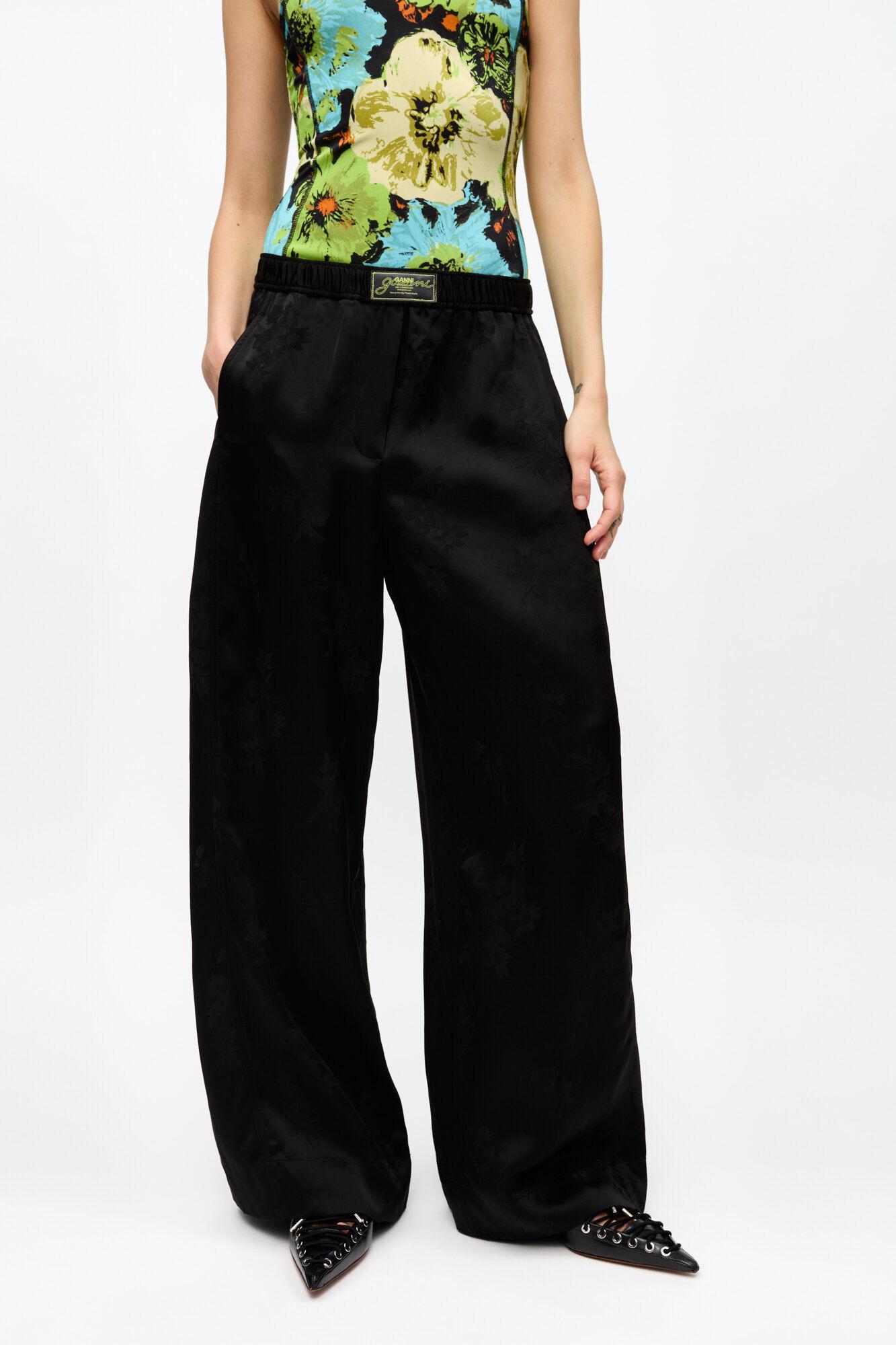 Black Satin Jacquard Pants Product Image