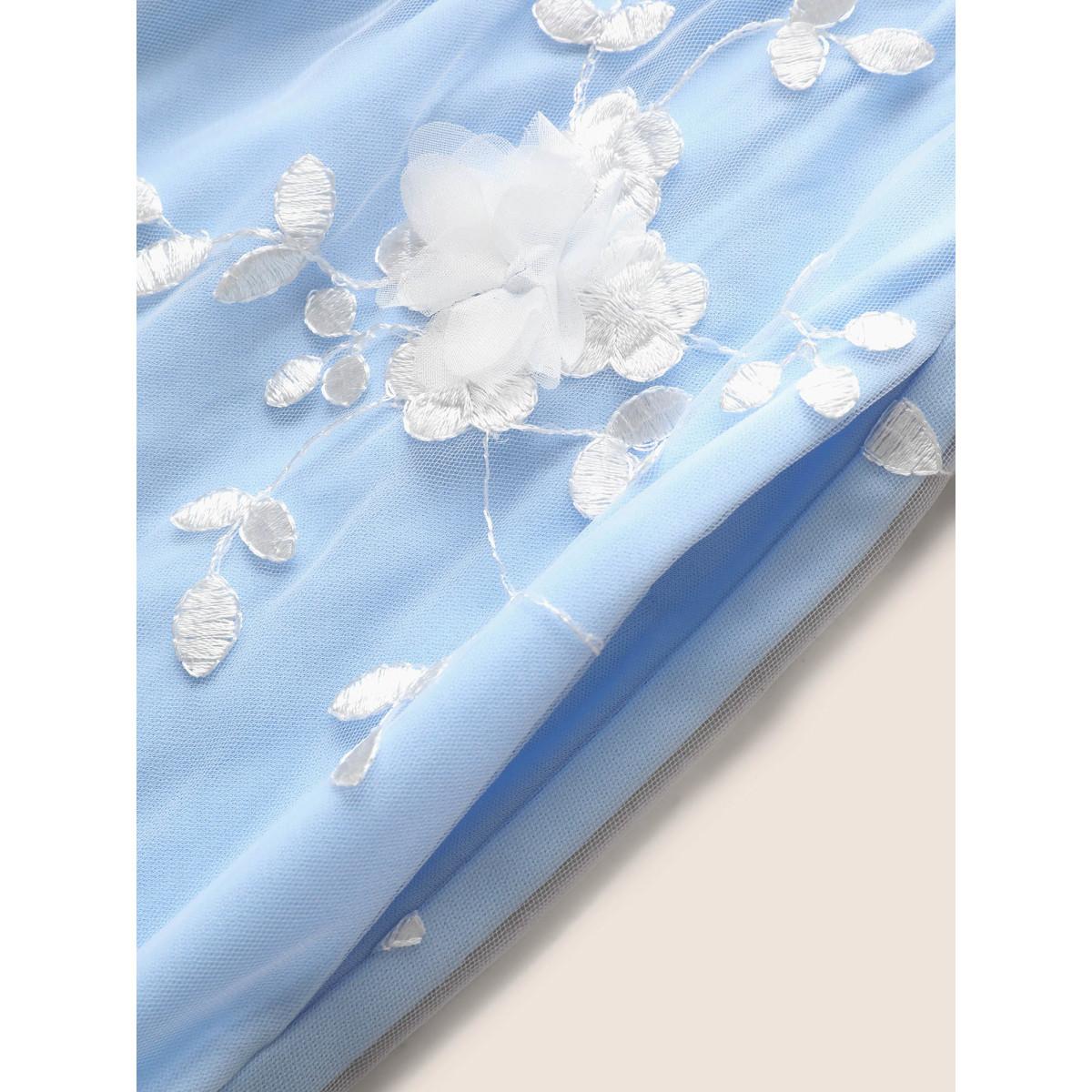 Plus Size Mesh Floral Embroidered Woven Ribbon Cami Dress LightBlue Women Formal Woven ribbon&lace trim Square Neck Sleeveless Curvy BloomChic 12/L Product Image