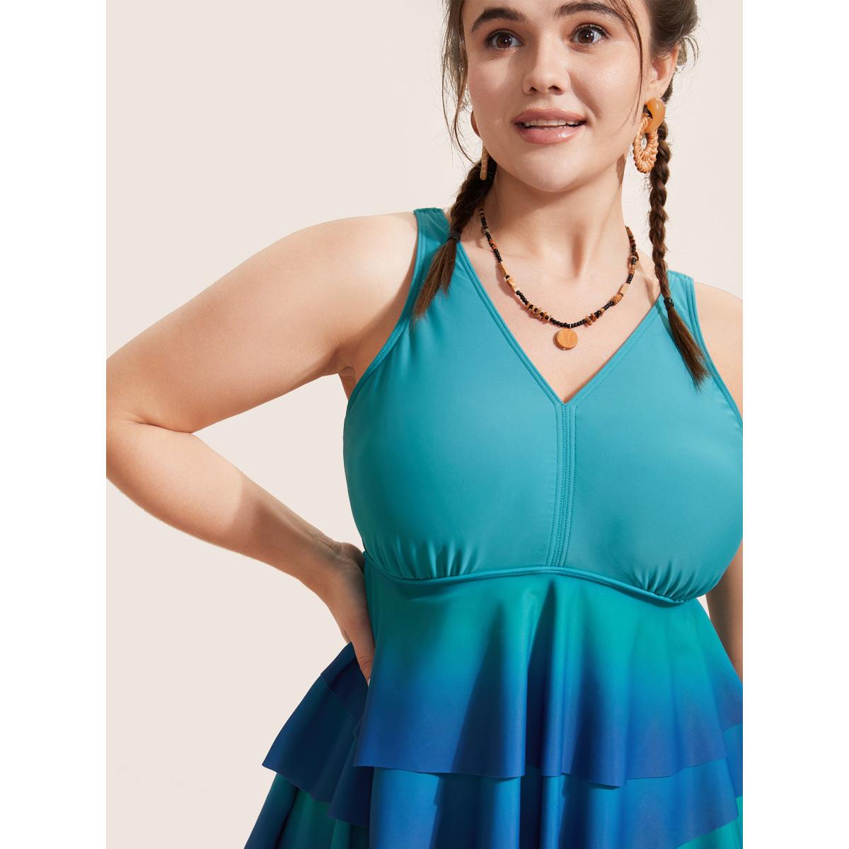 Plus Size V Neck Ombre Tiered Ruffles Swim Top Women's Swimwear Teal Beach Contrast High stretch Bodycon V-neck Curve Swim Tops BloomChic 30/6X Product Image