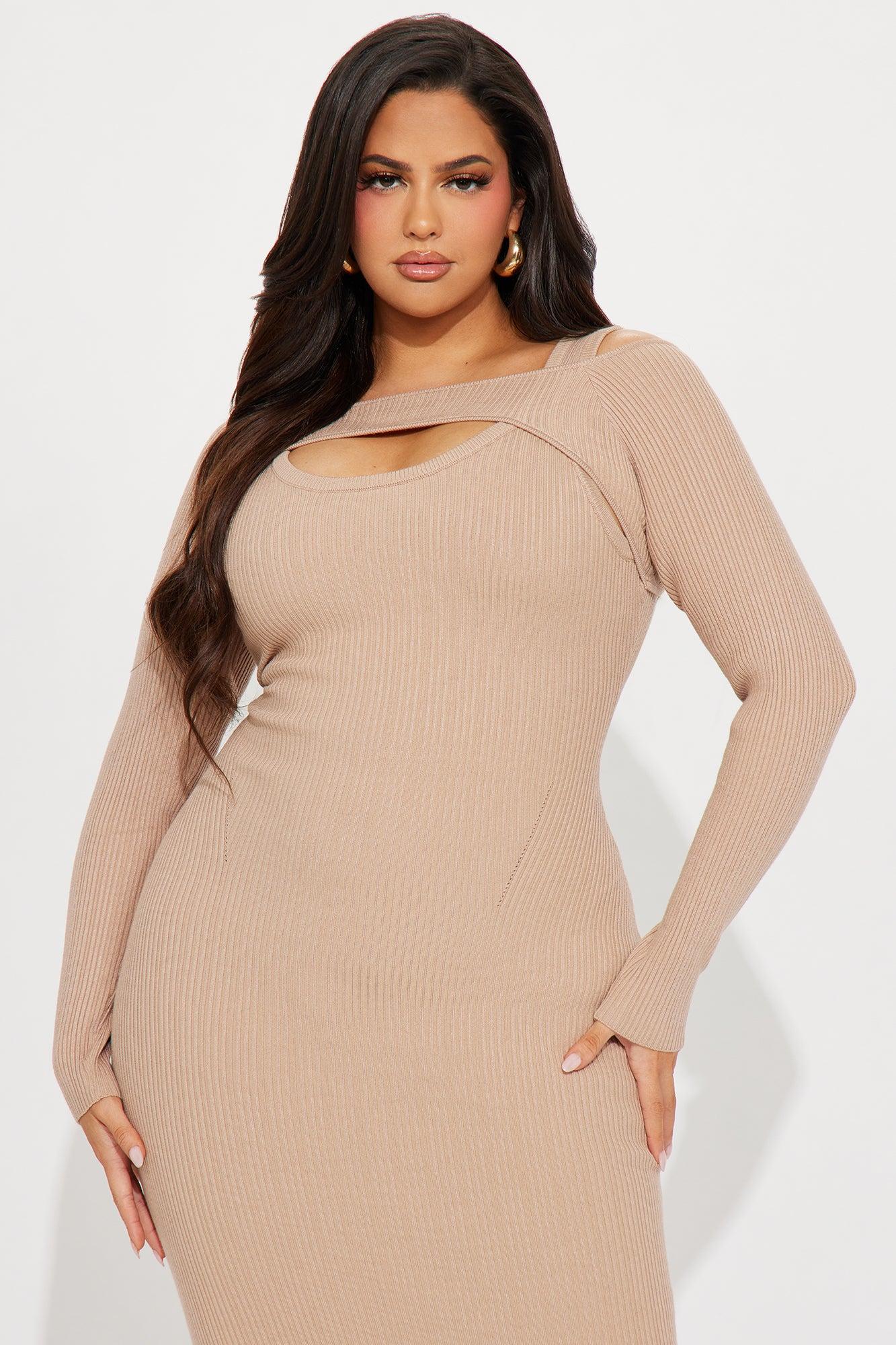 Cold Shoulder Sweater Midi Dress - Taupe Female Product Image