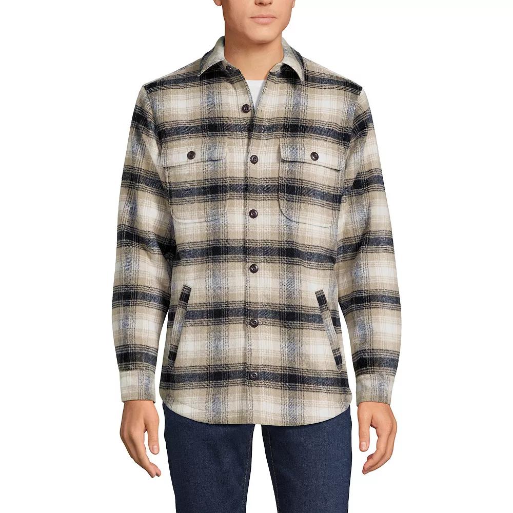 Men's Lands' End Brushed Plaid Shirt Jacket, Size: Large, Black Khaki Plaid Product Image