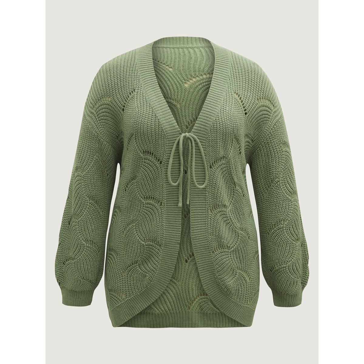 Plus Size Cut-Out Textured Tie Knit Cardigan ArmyGreen Women Leisure Loose Long Sleeve Casual Cardigans BloomChic 22-24/3X Product Image