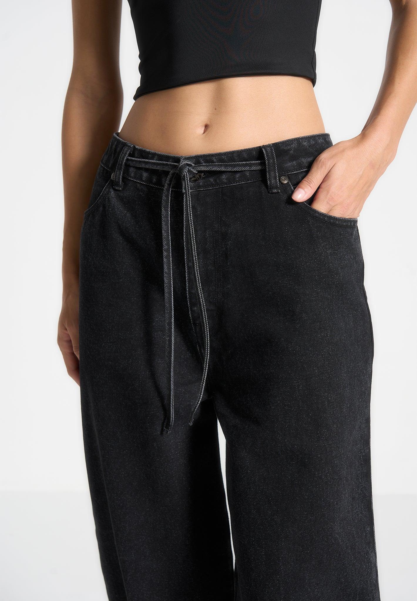 Faye - Wide Mid Rise Jeans with Tie Waist - Washed Black Female Product Image