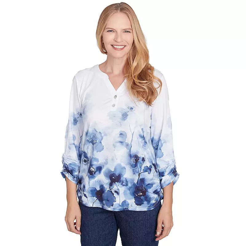 Women's Alfred Dunner Floral Border Ruched Sleeve Henley Top, Size: Medium, Multi Blue Product Image