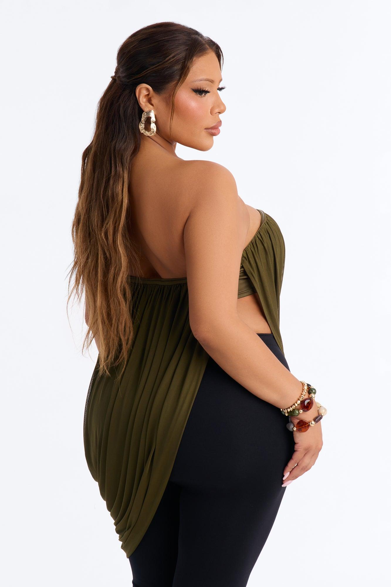 Bora Bora Nights Ruched Asymmetrical Mesh Top - Olive Female Product Image