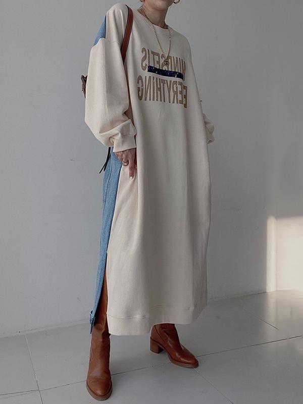 Original Loose Long Sleeves Letter Print Split-Side Split-Joint Round-Neck Midi Dresses Product Image