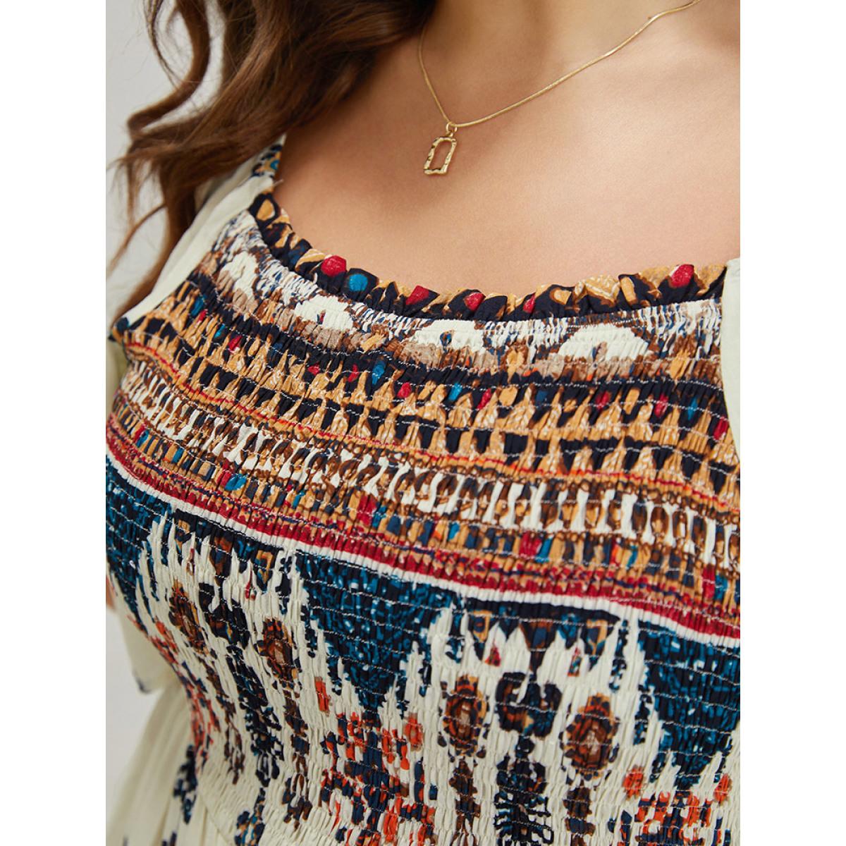 Plus Size Bandana Print Square Neck Pocket Shirred Frill Trim Split Dress Multicolor Women Vacation Frill Trim Square Neck Short sleeve Curvy Midi Dress BloomChic 10/M Product Image