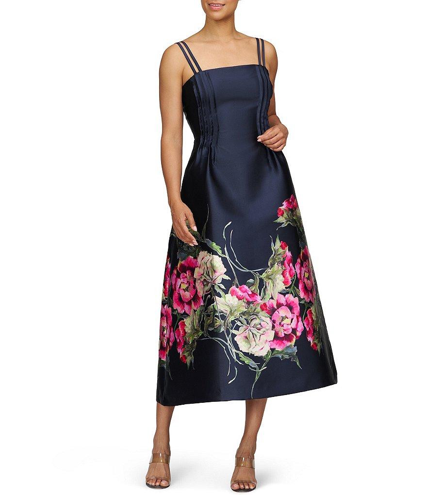 Kay Unger Margot Square Neck Double Strap Floral Placement Print Fit & Flare Mikado Midi Dress Product Image