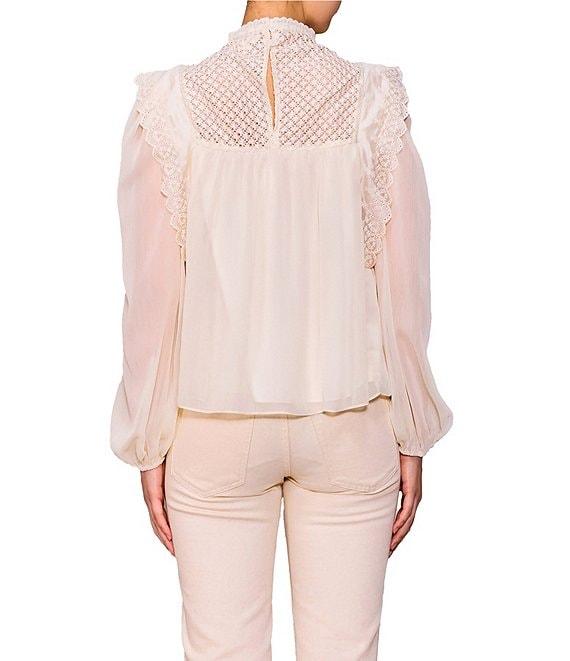 MELLODAY Lace Inset Mock Neck Puff Sleeve Blouse Product Image
