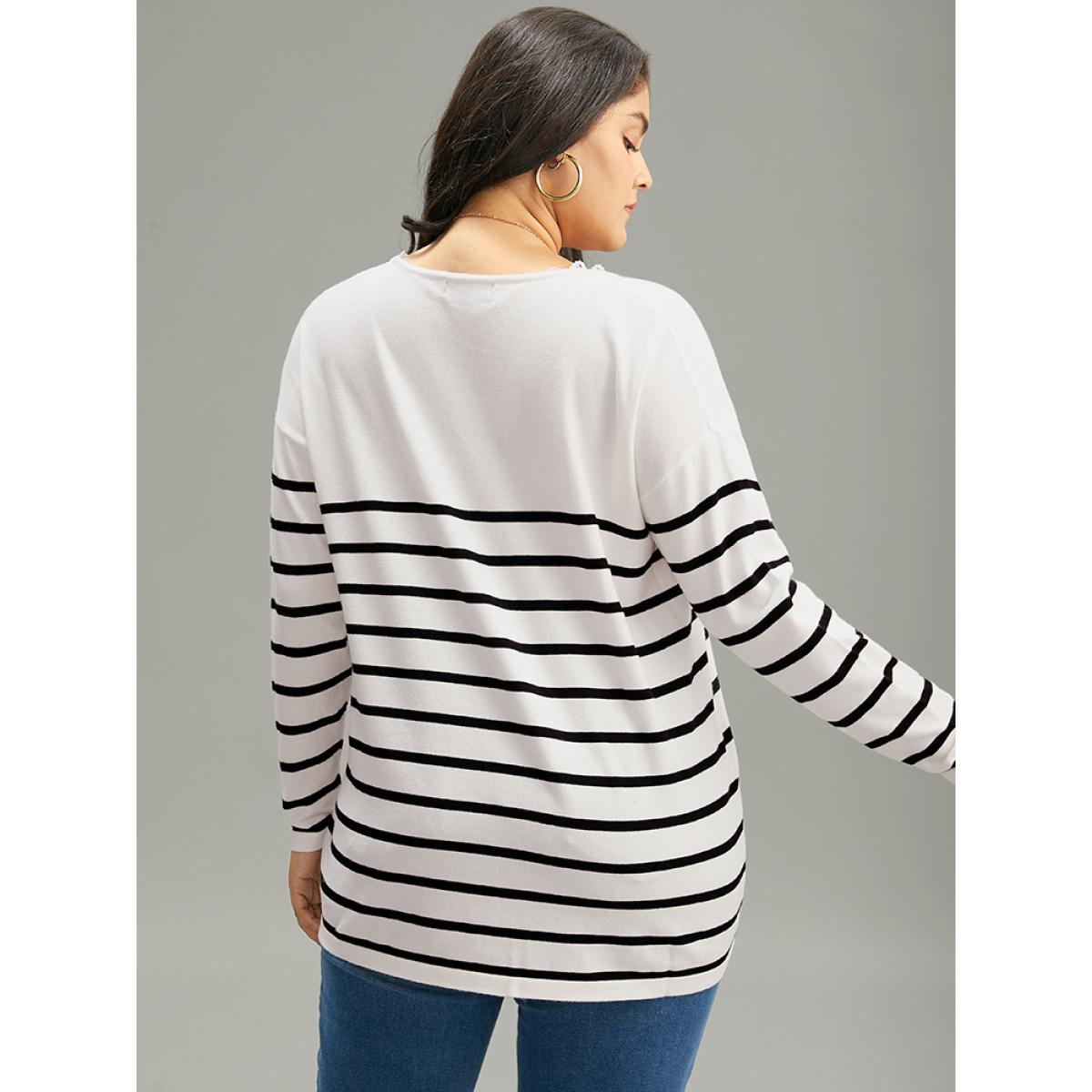 Plus Size Supersoft Essentials Striped Letter Embroidered Lace Panel Pullover Beige Women Casual Loose Long Sleeve V-neck Dailywear Pullovers BloomChic 26/4X Product Image