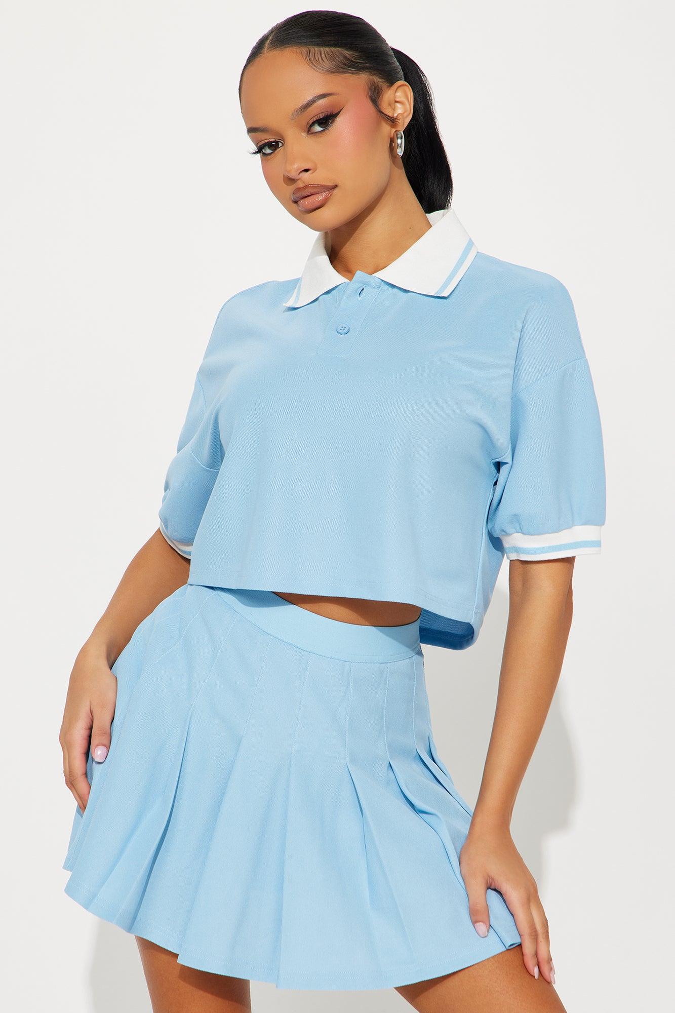 Polo Match Pleated Mini Skirt Set - LightBlue Product Image