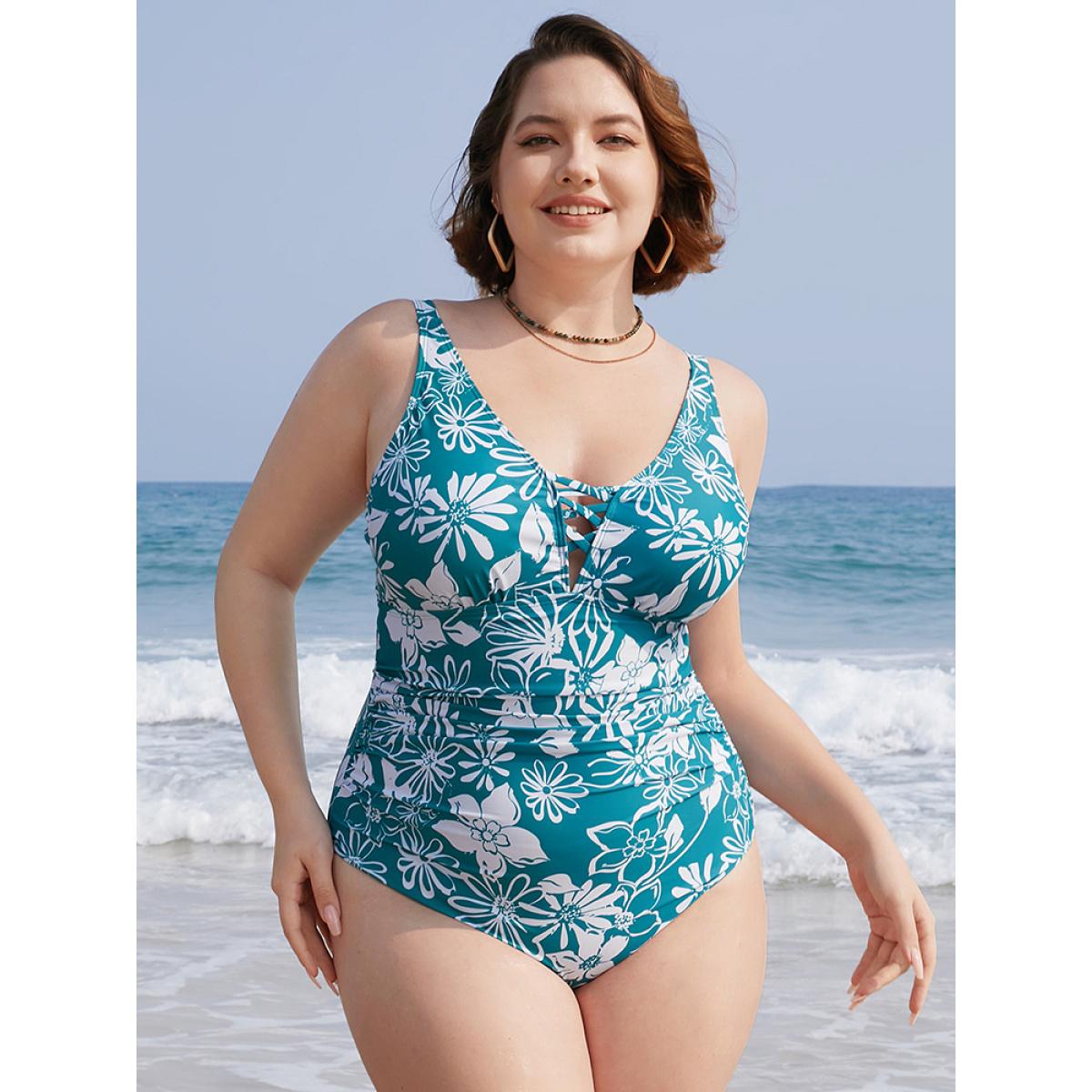 Plus Size Floral Print Crisscross Sculpt Waist Ruched One Piece Swimsuit Women's Swimwear Green Vacation Adjustable Straps Curve Bathing Suits High stretch One Pieces BloomChic 28/5X Product Image