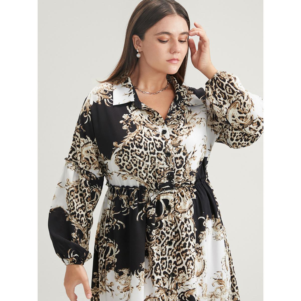 Plus Size Leopard Pocket Button Detail Lantern Sleeve Split Dress Black Women Office Pocket Shirt collar Long Sleeve Curvy Long Dress BloomChic 14-16/1X Product Image