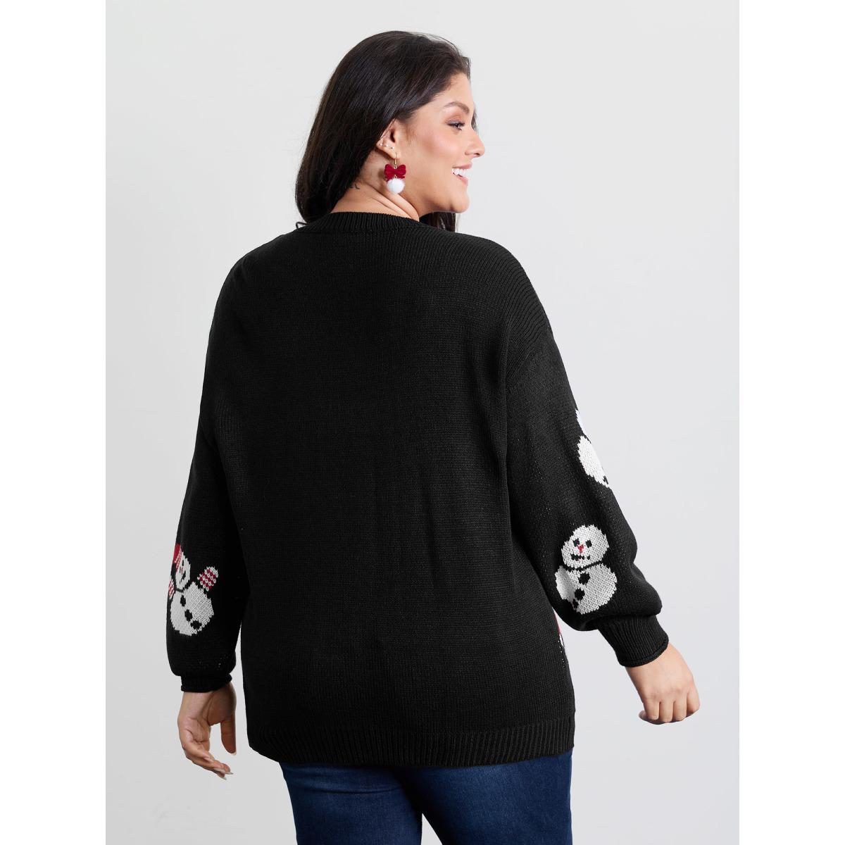 Plus Size Snowman Jacquard Round Neck Pullover Black Women Playful Loose Long Sleeve Round Neck Casual Pullovers BloomChic 12/L Product Image