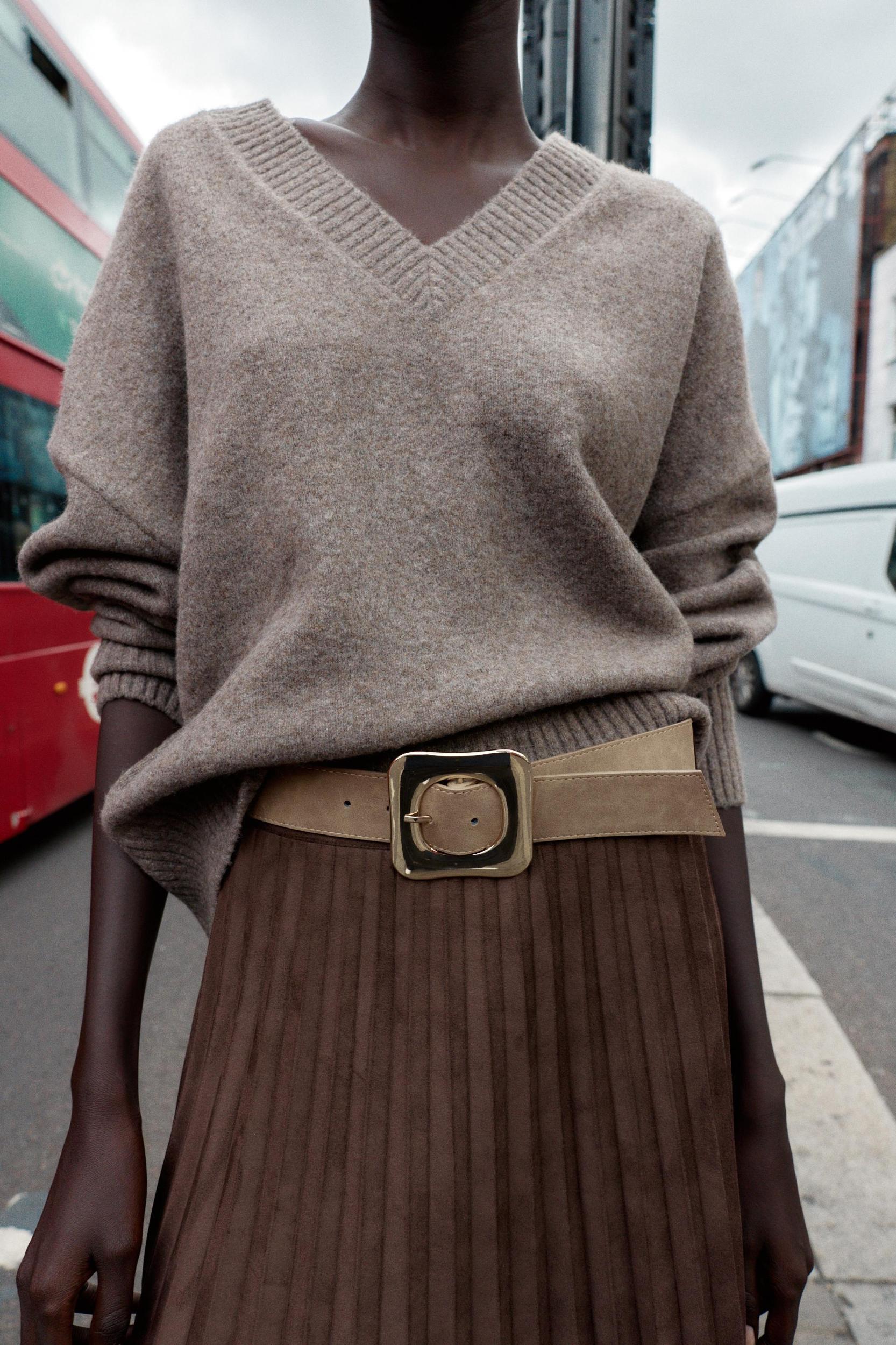 BELTED FAUX SUEDE EFFECT PLEATED MIDI SKIRT Product Image