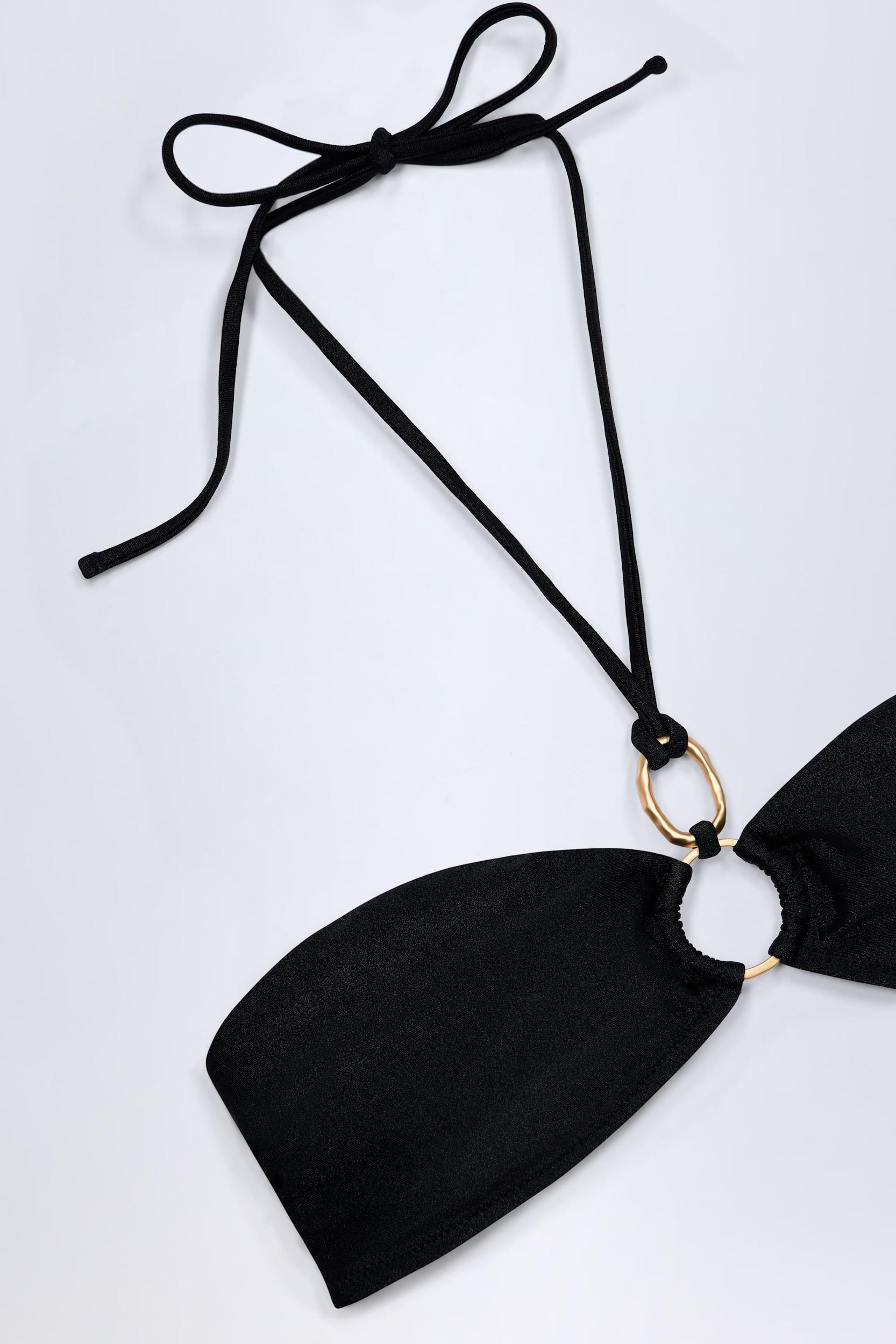 Hardware-Detail Ruched Halterneck Bikini Top in Black Product Image