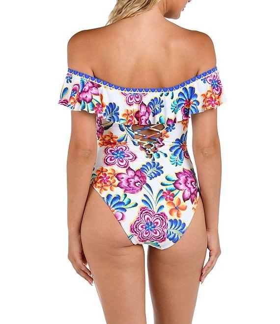 La Blanca Flor De Paradiso Ruffle Off-The-Shoulder Back Lace-Up One Piece Swimsuit Product Image