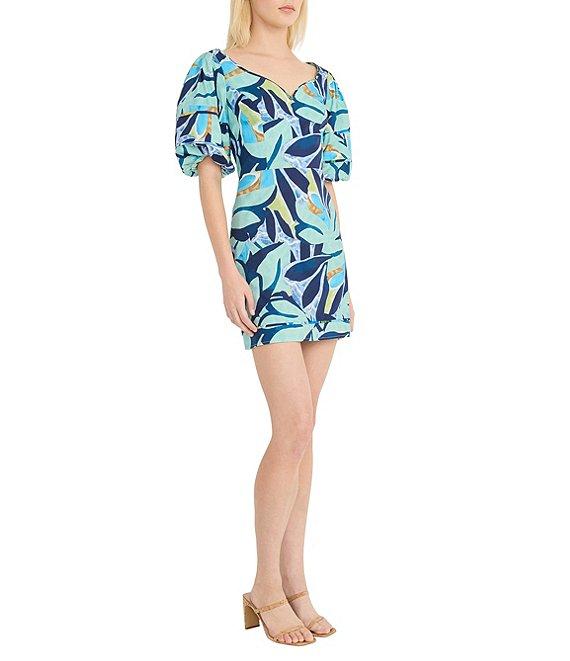 Donna Morgan Poplin Floral Print Sweetheart Neck Short Sleeve Sheath Mini Dress Product Image