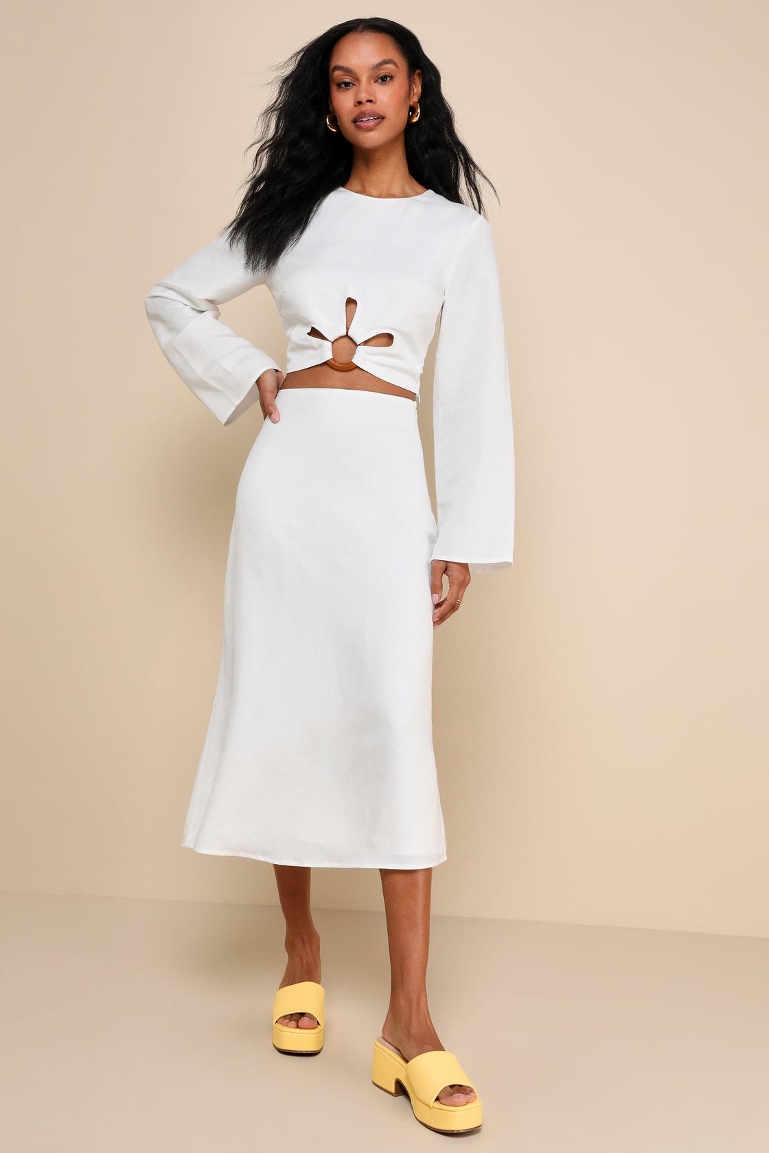 Effortless Vacay White Linen High-Waisted Midi Skirt Product Image