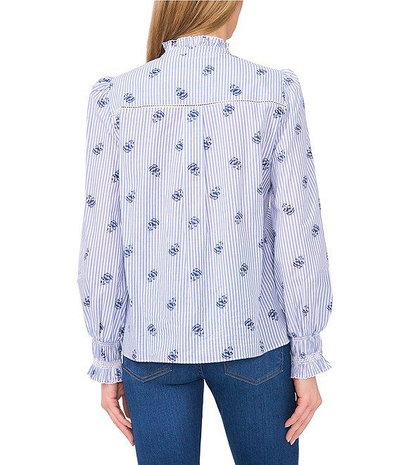 CeCe Woven Stripe Print Ruffled Collar Long Sleeve Button Down Blouse Product Image