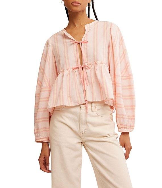 Free People Brunch Babe Stripe Print V-Neck Tie Front Long Sleeve Blouse Product Image
