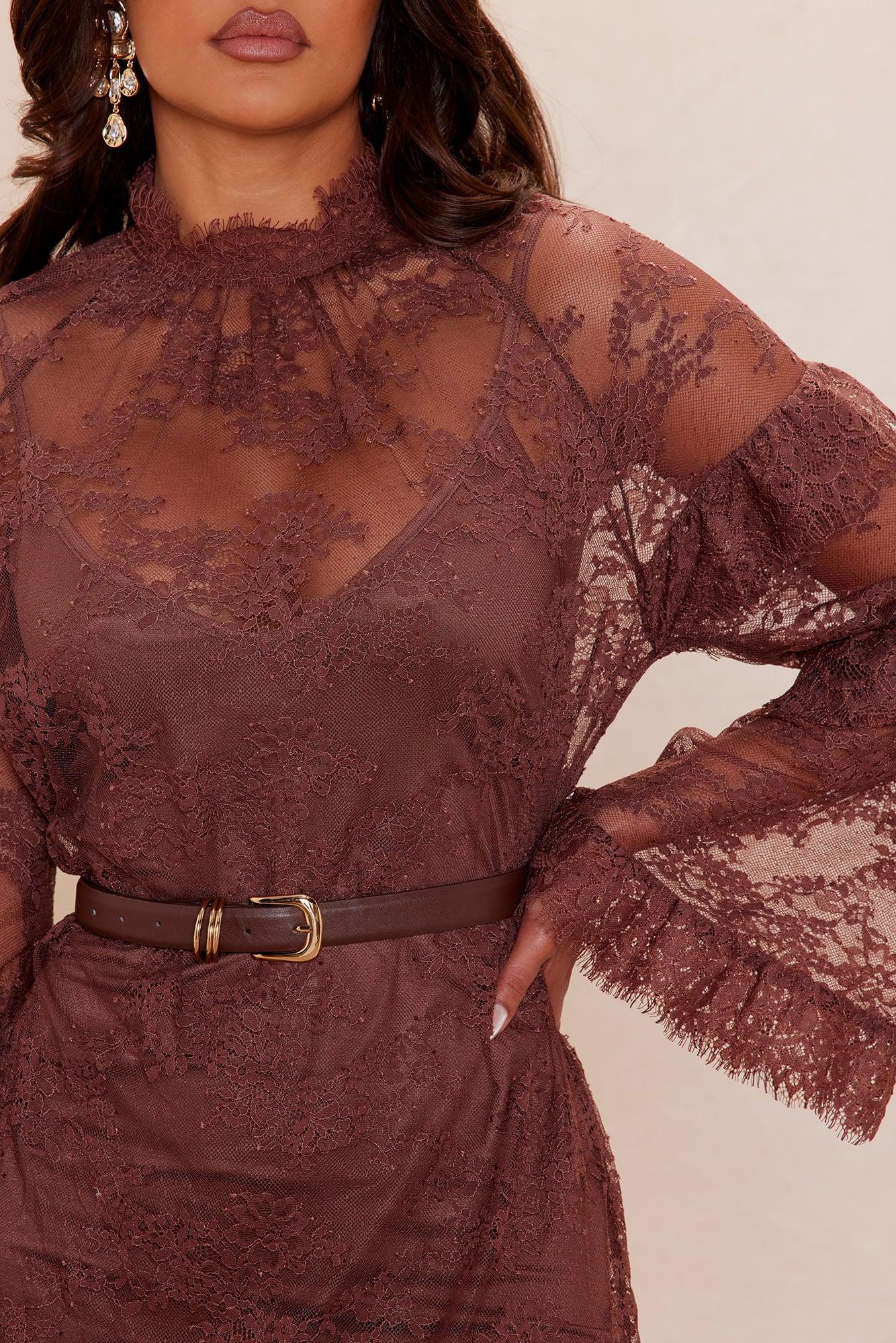 Taylor Ruffle Lace Mini Dress - Chocolate Female Product Image