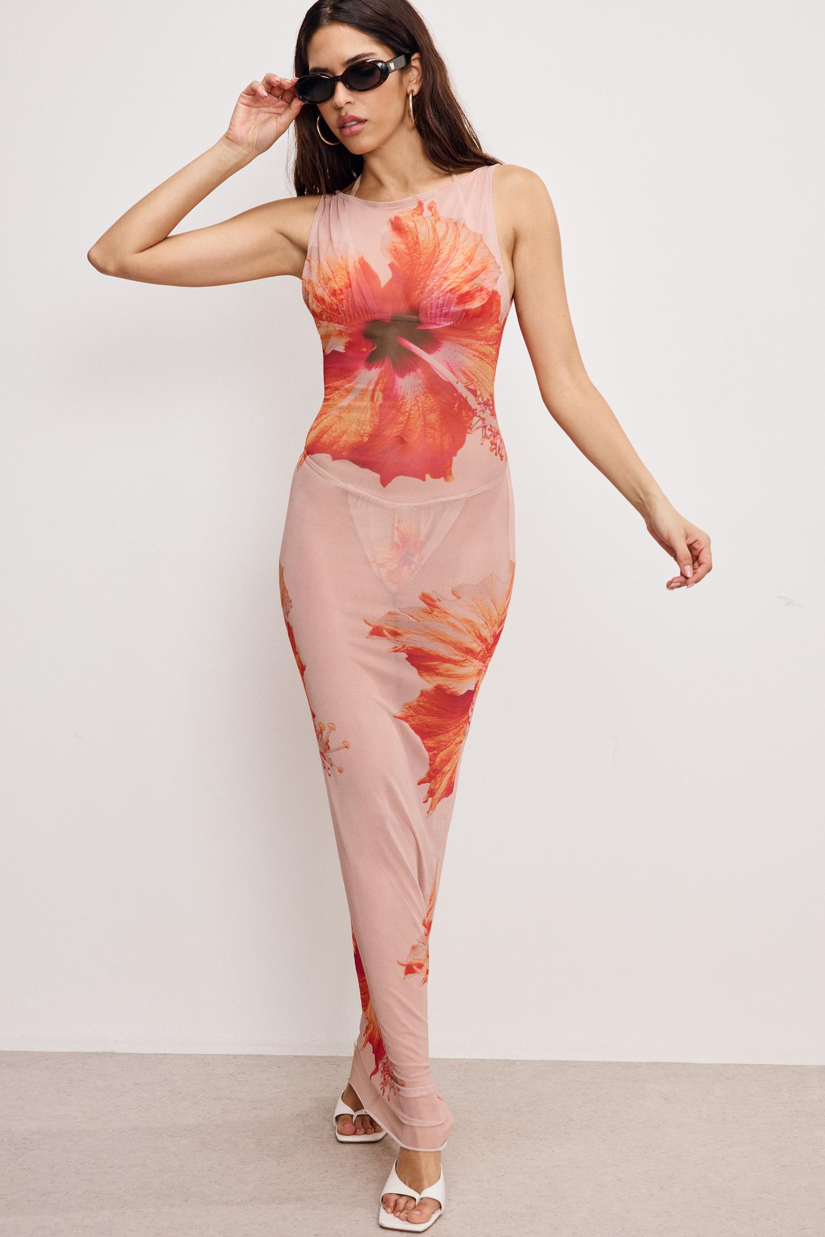 GAUZE MESH MAXI DRESS | MAUVE TROPICAL HIBISCUS001 Product Image