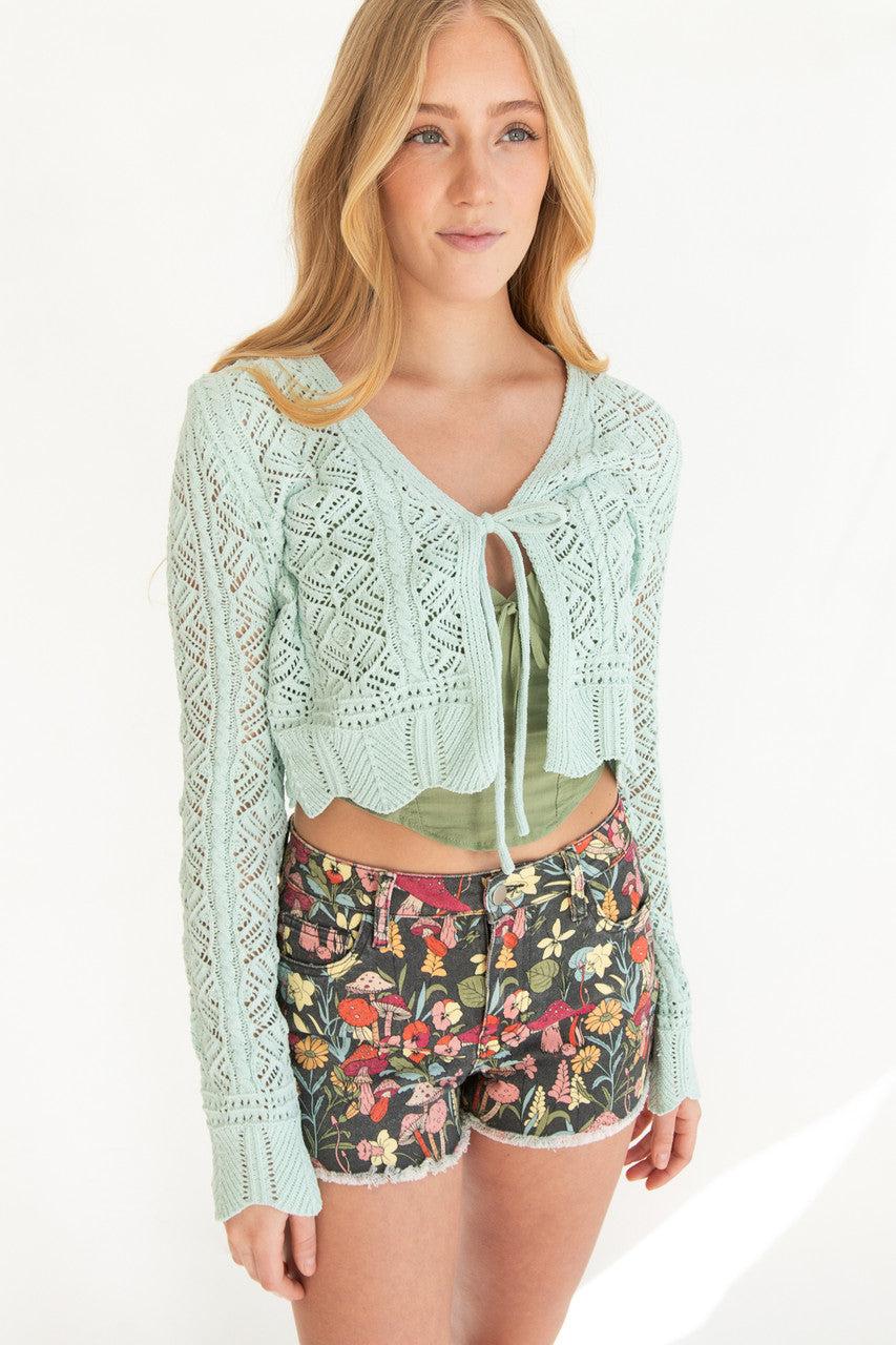 Chenille Pointelle Tie Front Cardigan Product Image