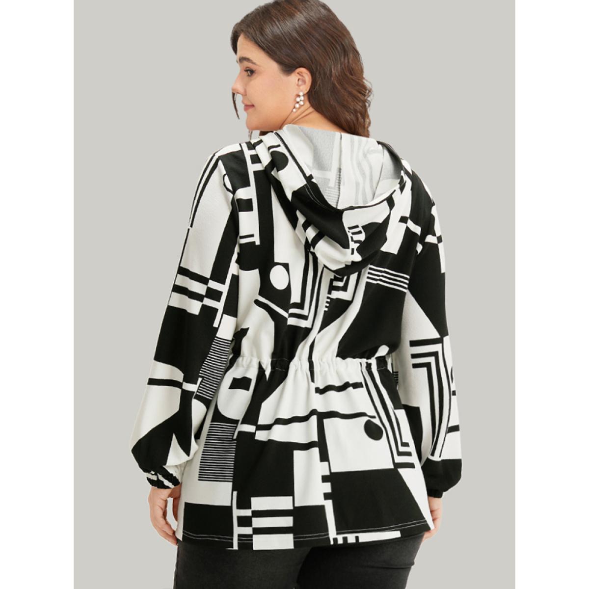 Plus Size Halloween Geometric Print Drawstring Zipper Hooded Knot Jacket Women Black Zipper Dailywear Jackets BloomChic 14-16/1X Product Image