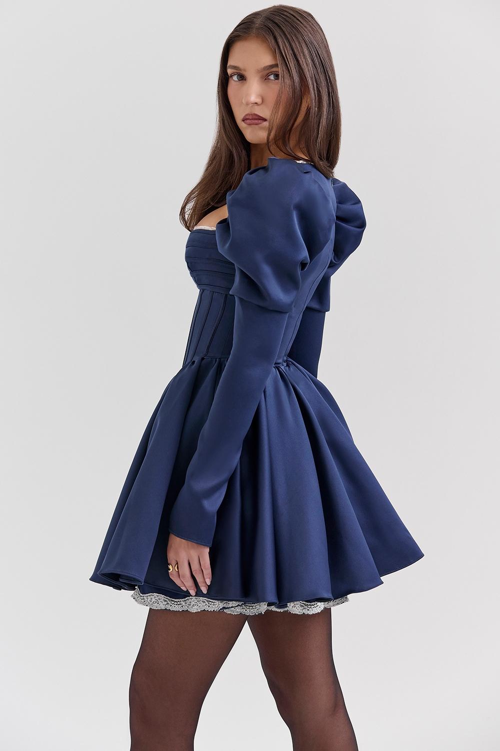Venetia  midnight satin puff sleeve mini dress - sale Product Image