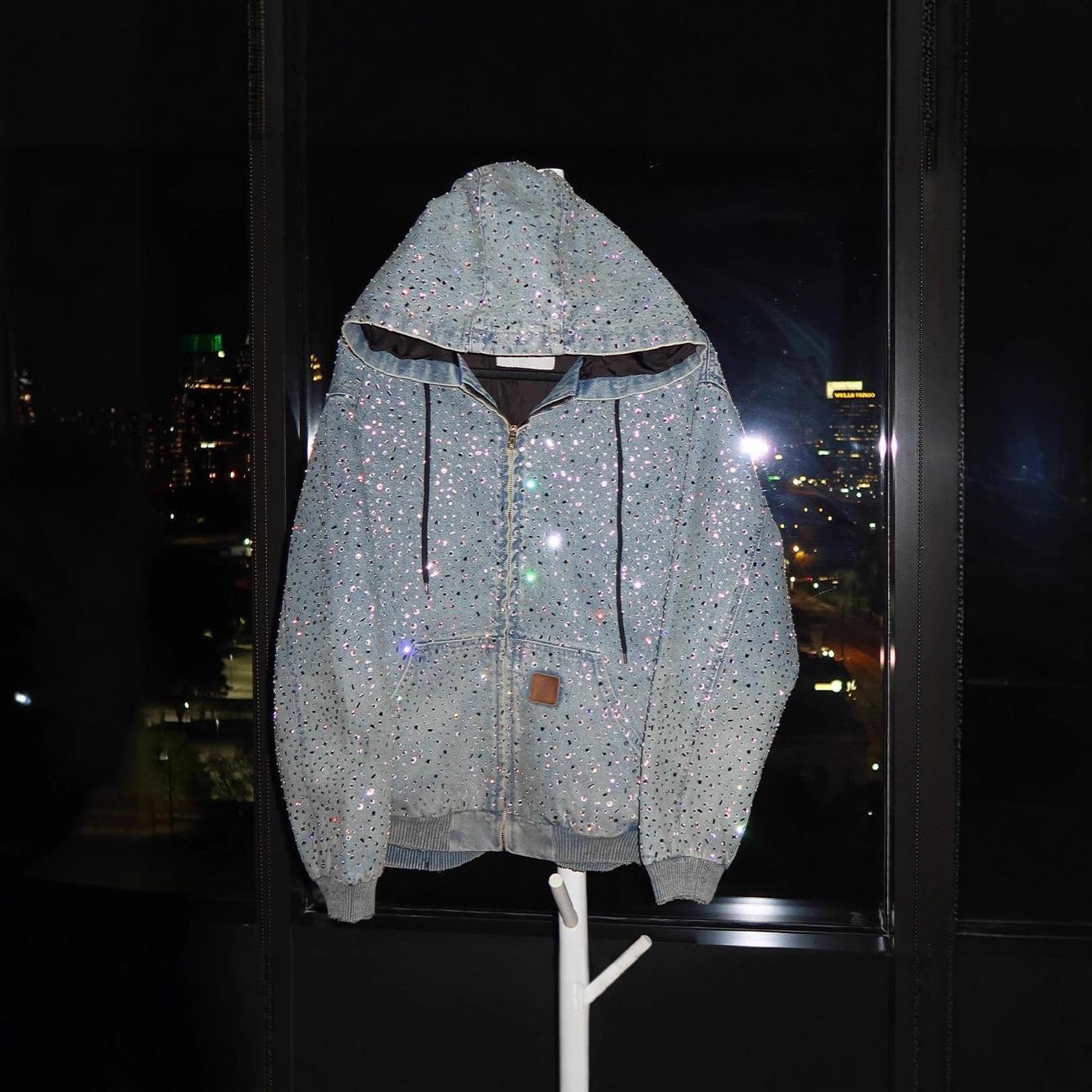 Personalized Rhinestone Zippered Denim Hoodie Product Image