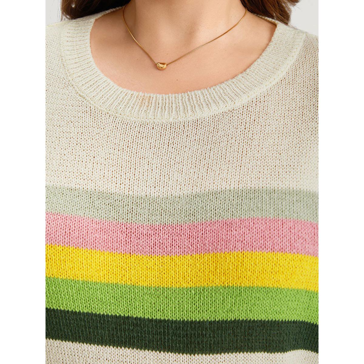 Plus Size Rainbow Lantern Sleeve Drop Shoulder Elastic Cuffs Pullover Beige Women Casual Loose Long Sleeve Round Neck Dailywear Pullovers BloomChic 28/5X Product Image