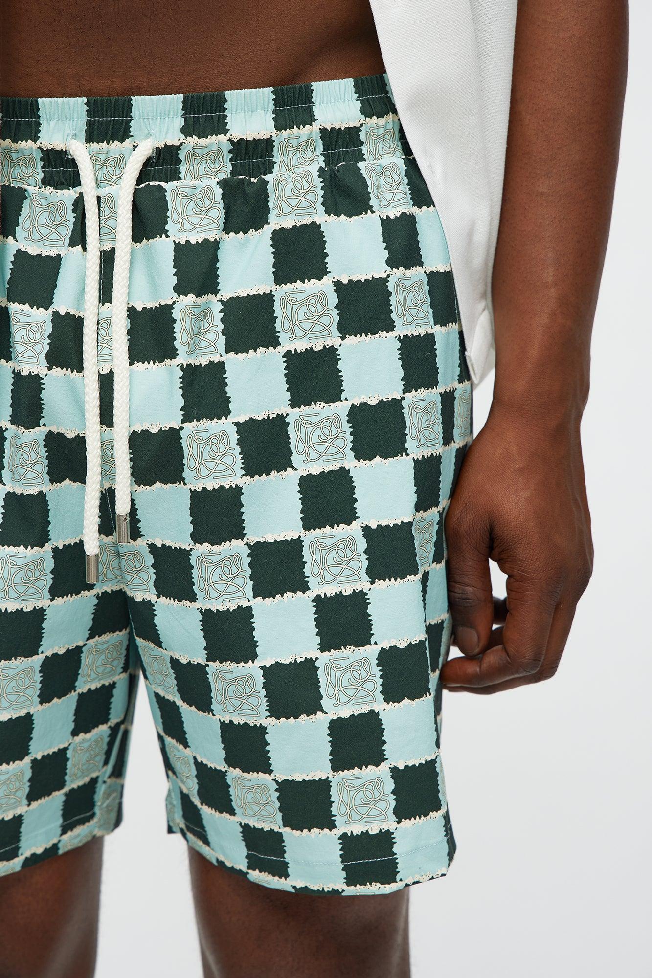 Coastal Squares Printed Checkered Swim Mid Trunk - Green/combo Product Image