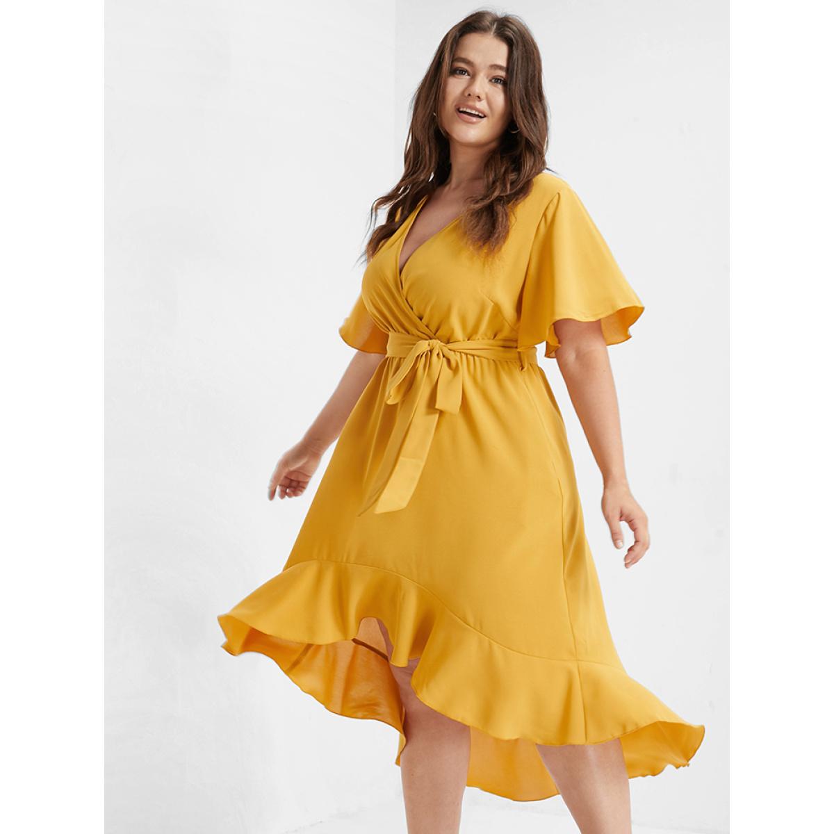 Plus Size Bloom Dress - Solid Tie Surplice Ruffle High Low Dress Yellow Women Elegant Cross straps V-neck Short sleeve Curvy Midi Dress BloomChic 30/6X Product Image