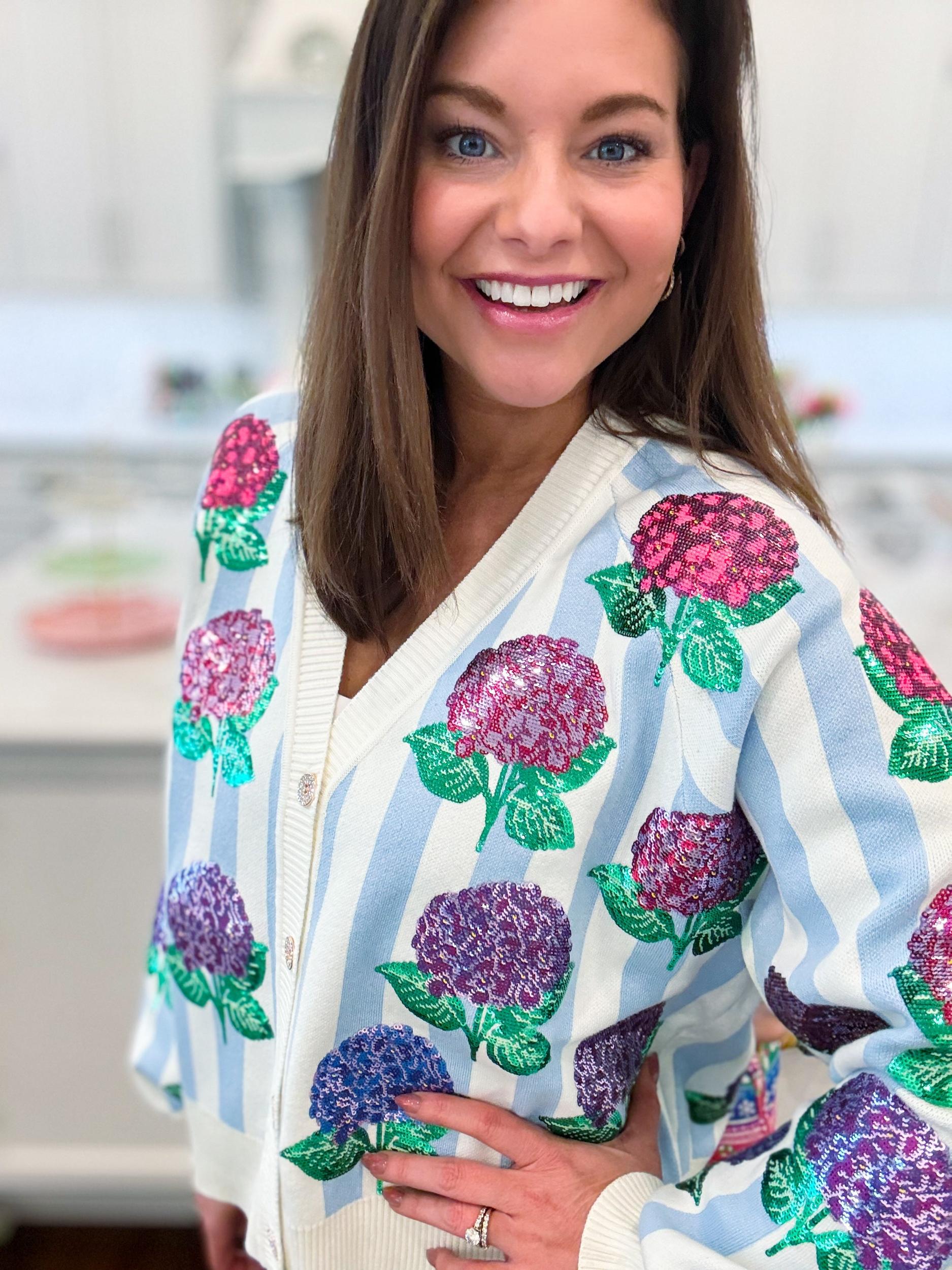 Blue & White Striped Hibiscus Cardigan Product Image