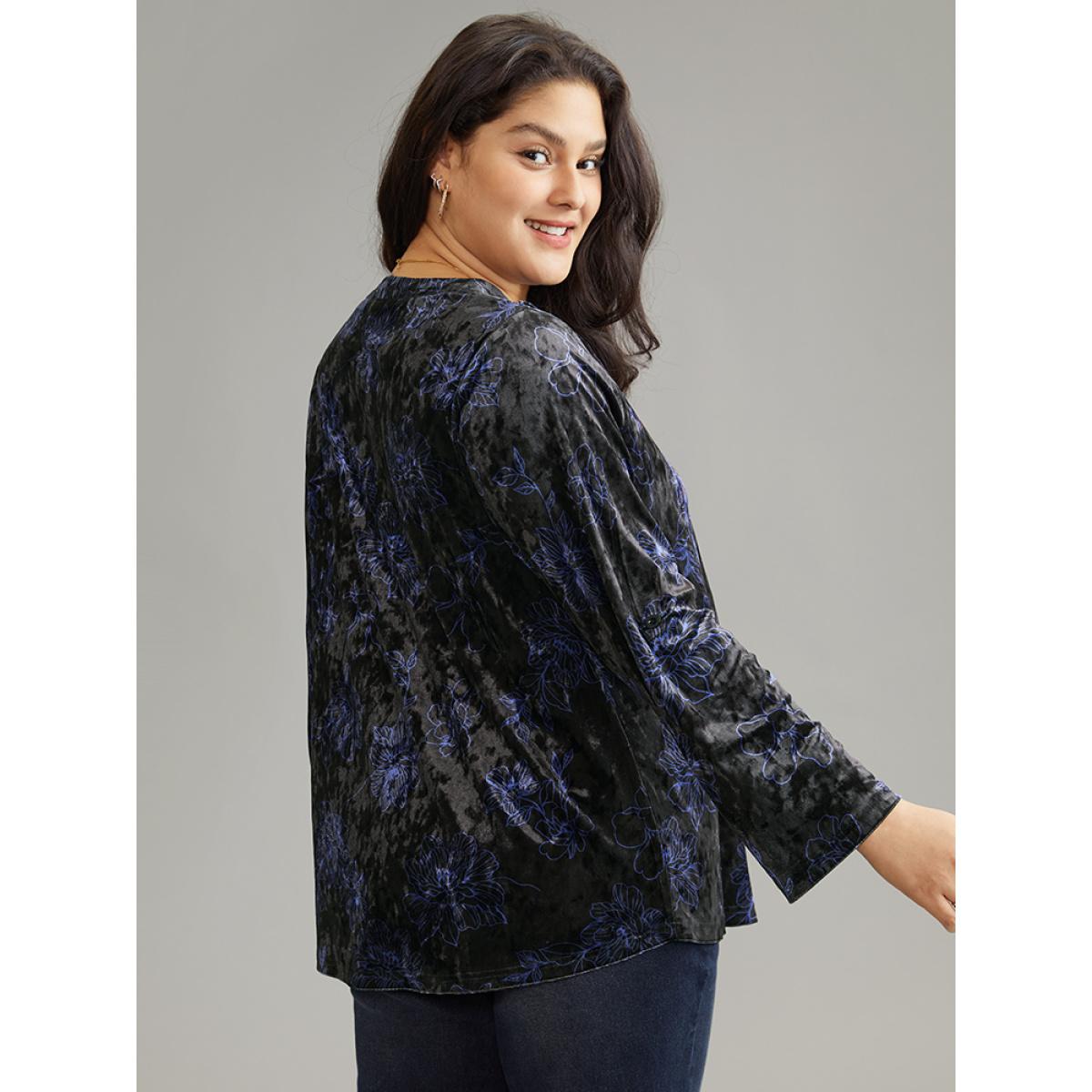 Plus Size Black Silhouette Floral Print Notched Roll Tab Sleeve Blouse Women Elegant Long Sleeve Notched collar Everyday Blouses BloomChic 14-16/1X Product Image