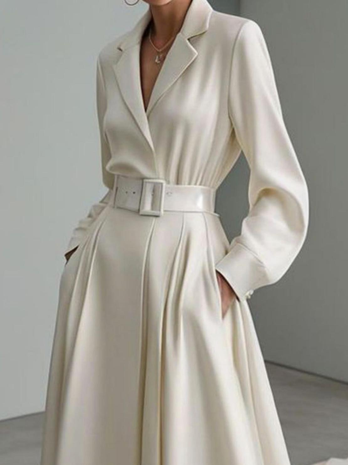 Long Sleeves Loose No Belt Solid Color Notched Collar Maxi Dresses Product Image